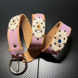 ✨ Linea Pelle Pink Studded Leather Belt – M/L – Real Brass Buckle – Y2K Boho ✨